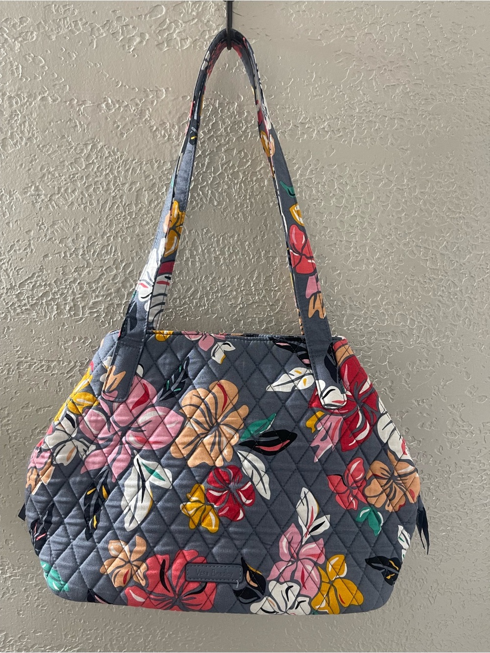 Vera Bradley Quilted Floral Tote in Gray with Pink, Yellow & Red